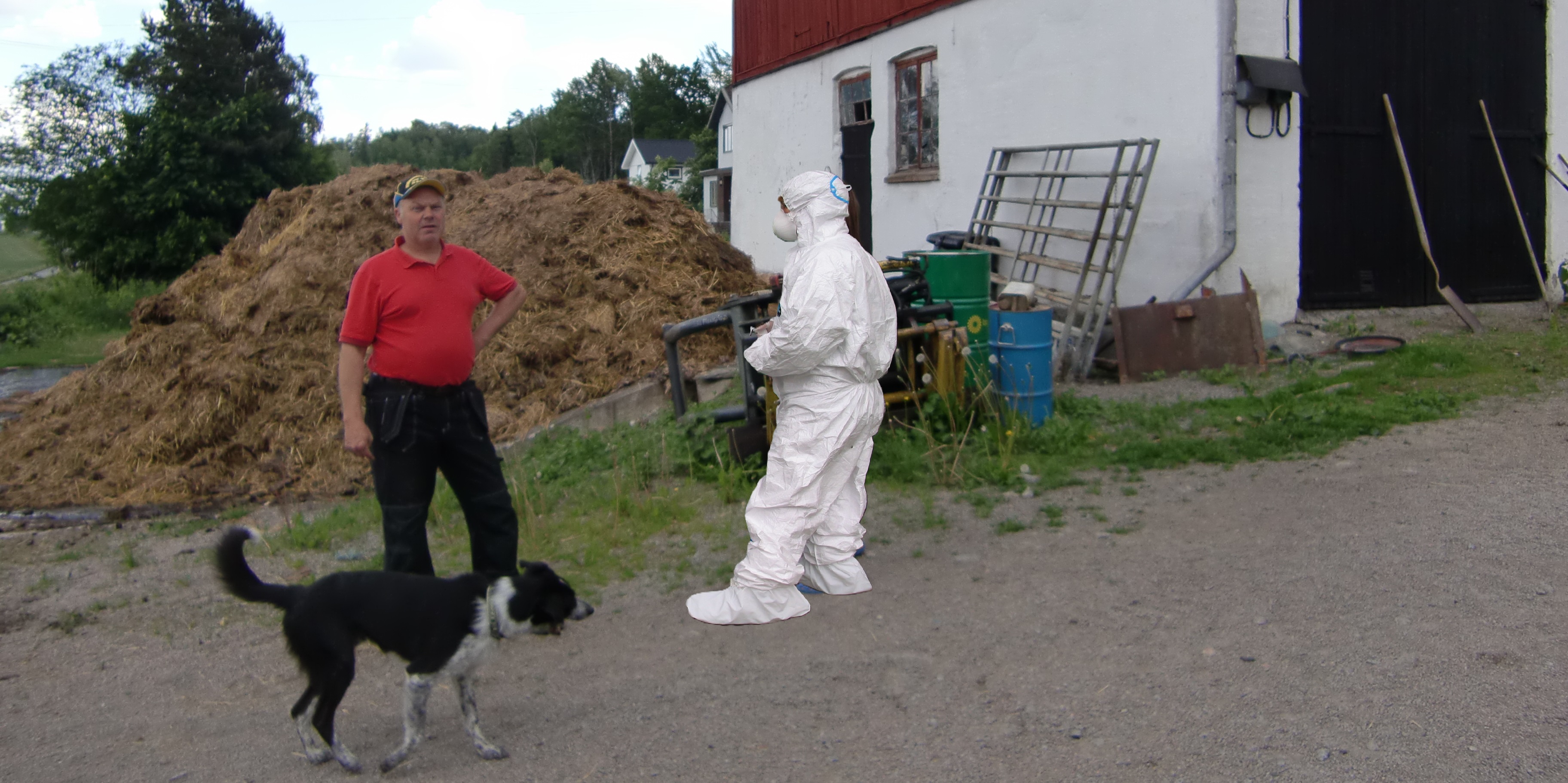 Bonden och hans hund står vid gödselstan och pratar med veterinären i vit skyddsdräkt och ansiktsmask.